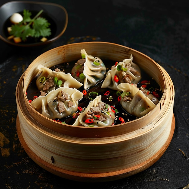 a bowl of dumplings with a spoon and a spoon