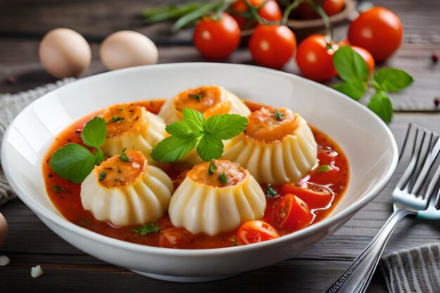 a bowl of dumplings with tomatoes and a tomato sauce.