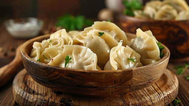 a bowl of dumplings with a wooden spoon