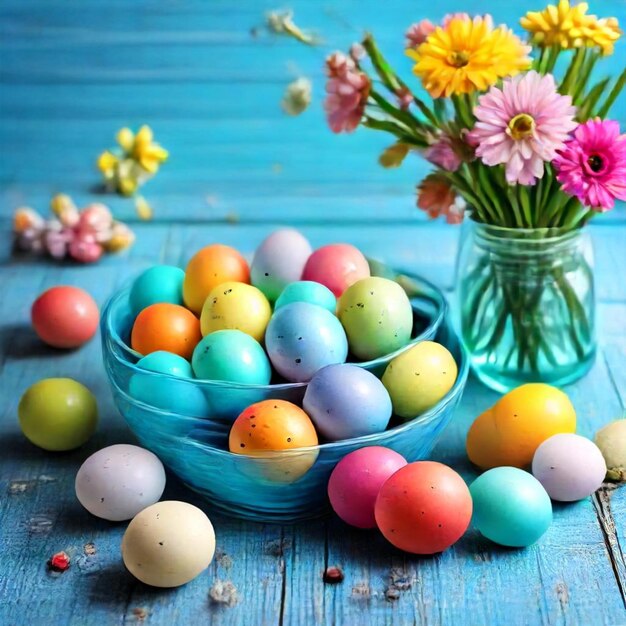 a bowl of easter eggs sits on a table with flowers in it