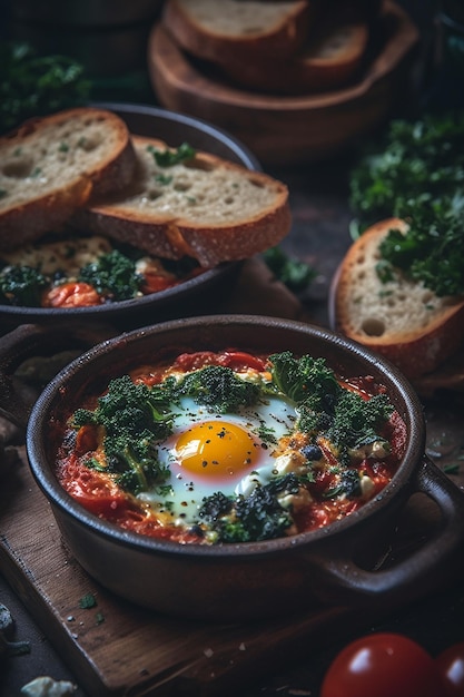 A bowl of egg in a bowl with a side of bread on the side