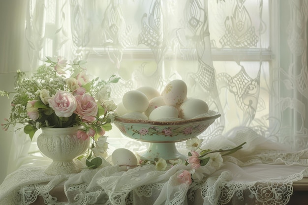 Bowl of Eggs Next to Flower Vase on Table