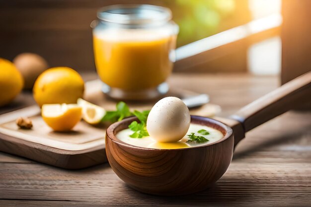 Photo a bowl of eggs with an egg on the table