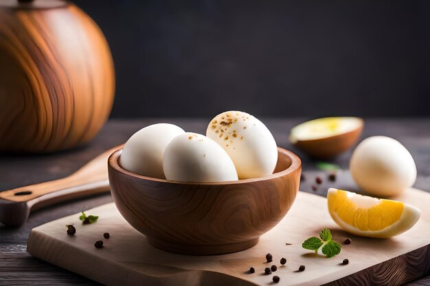 a bowl of eggs with lemons and herbs on a table.