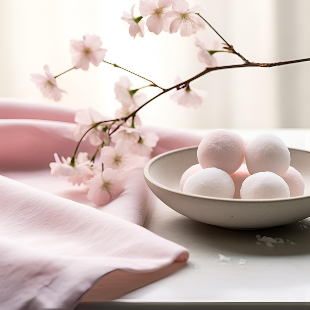 a bowl of eggs with a pink cloth on the table