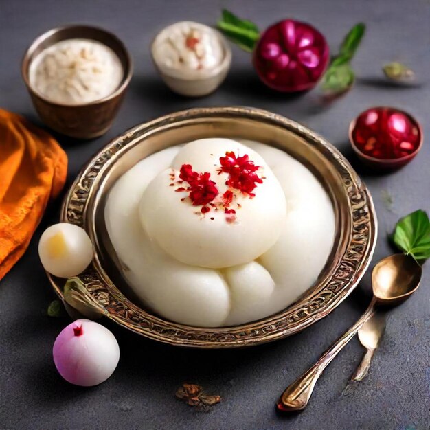 Photo a bowl of eggs with a red flower on the top