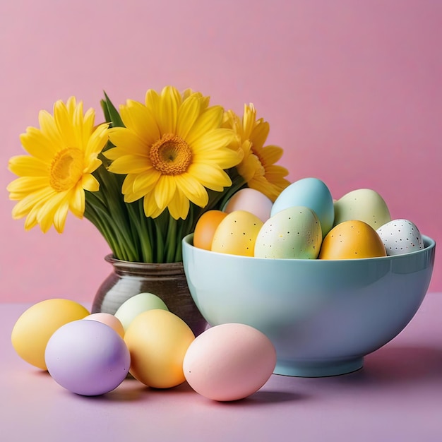 a bowl of eggs with yellow flowers in it