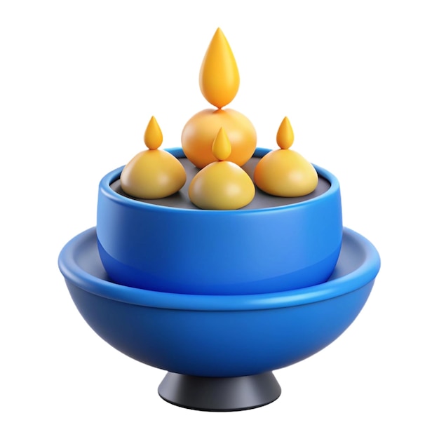 a bowl of figurines with a blue bowl of fruit on top of it