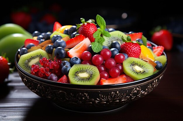 A bowl filled with assorted fruits including kiwi A bowl filled with assorted fruits including kiwi