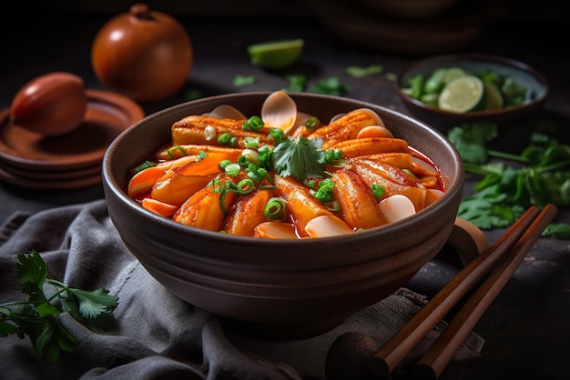 A bowl filled with carrots and vegetables next to chopsticks AI generative image