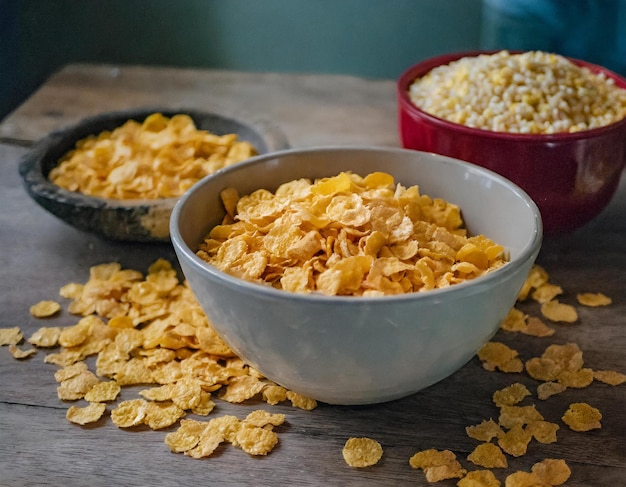 A bowl filled with corn flakes sits next to another bowl of petite flakes ready for breakfast