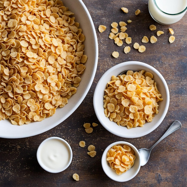 A bowl filled with corn flakes sits next to another bowl of petite flakes ready for breakfast