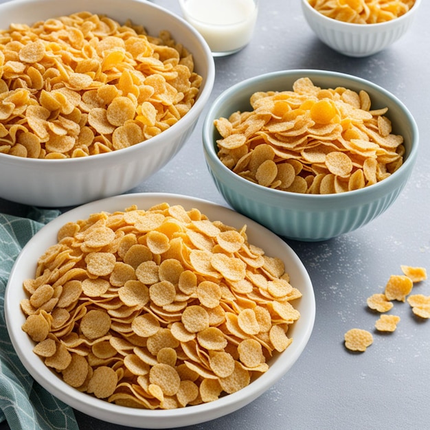 A bowl filled with corn flakes sits next to another bowl of petite flakes ready for breakfast