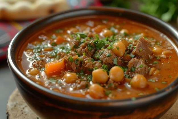 A bowl filled with a delicious soup containing meat and a variety of vegetables A warm comforting bowl of chickpea and lamb Harrira soup AI Generated