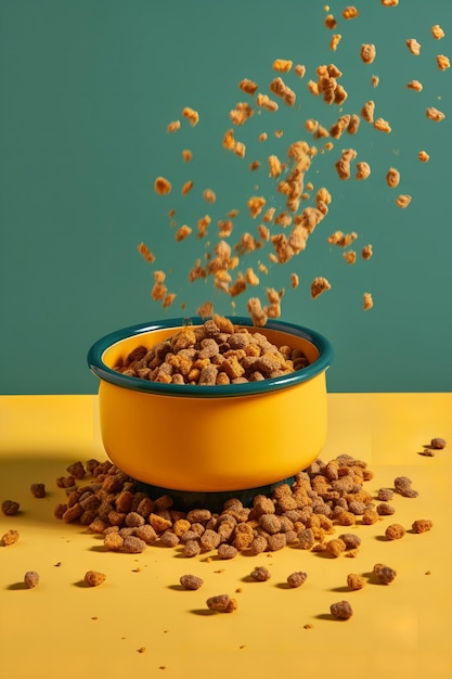 bowl filled with dog food grains falling into the bowl