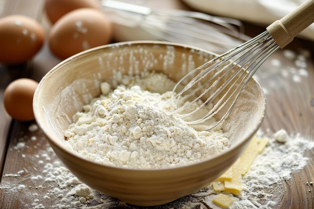 A bowl filled with flour and a whisk in it Mixing flour and sugar together in a bowl