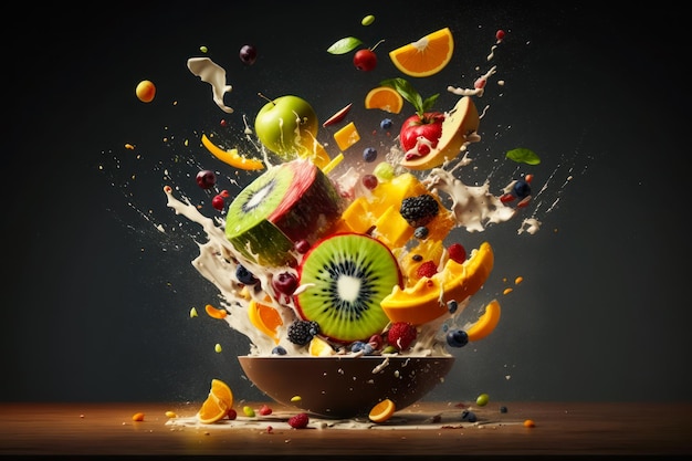 Bowl filled with fruit and splashing water Generative AI