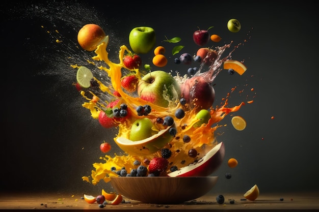 Bowl filled with fruit and splashing water Generative AI