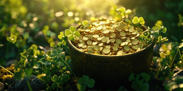 Photo a bowl filled with gold coins sits peacefully in the lush green grass