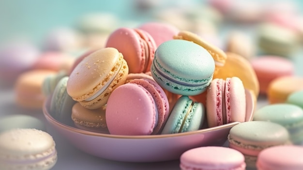 A bowl filled with lots of colorful macarons generative ai image