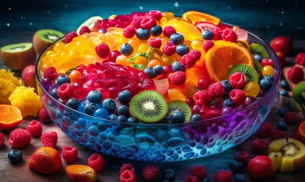 Bowl filled with lots of different kinds of fruit on top of table Generative AI