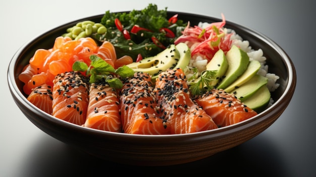 Photo a bowl filled with lots of different types of food poke bowl with salmon and vegetables on rice