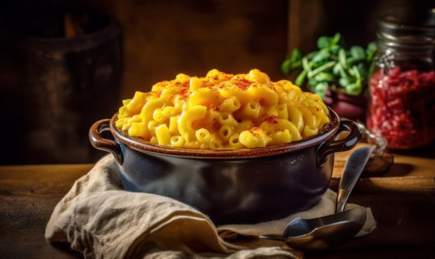 Bowl filled with macaroni and cheese on top of table Generative AI