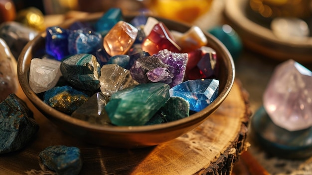 A bowl filled with various healing crystals is p at the center of a meditation circle radiating