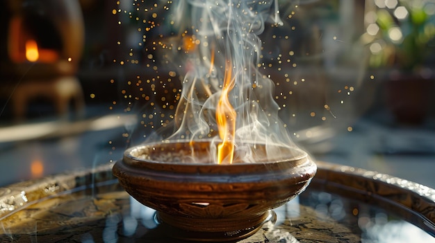 Photo a bowl of fire is set on a table with a fire in it