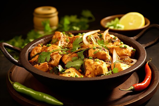 A bowl of fish curry with a lemon and lime on the side