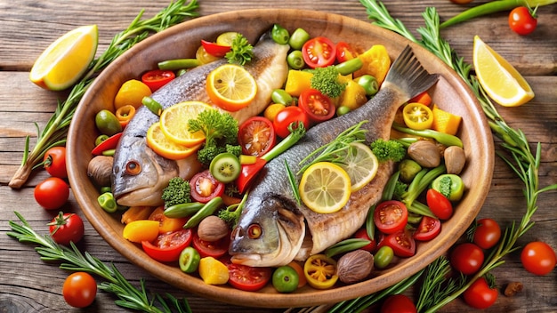 Photo a bowl of fish vegetables and fruits are on a table