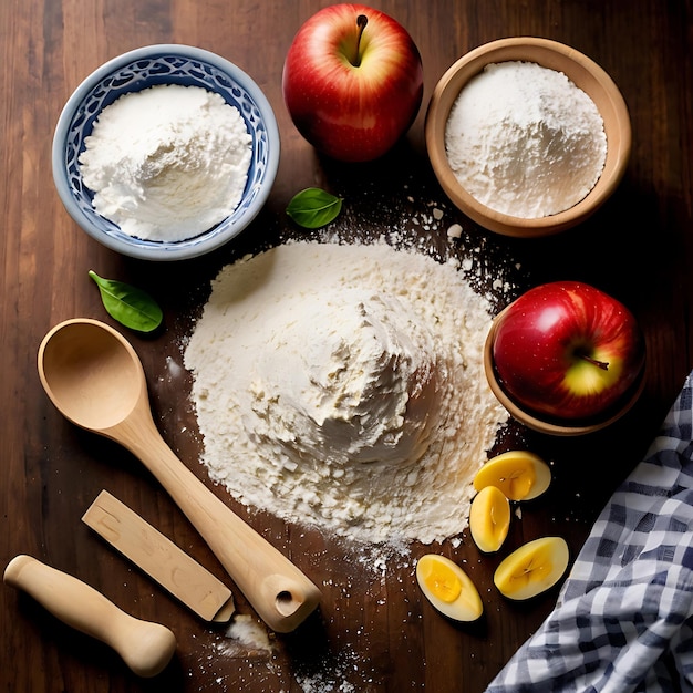 Photo a bowl of flour and apples with a bowl of flour