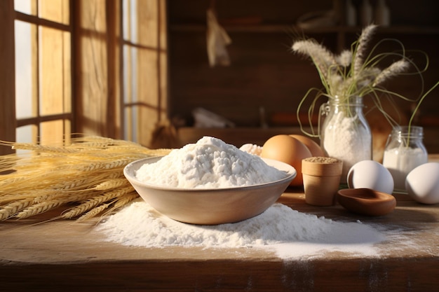 a bowl of flour and eggs on a table