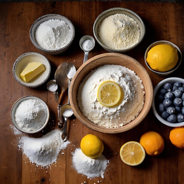 Photo a bowl of flour flour and lemons are on a table