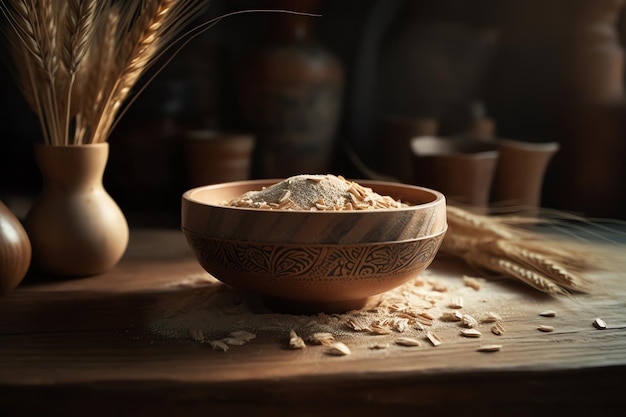 A bowl of flour sits on a table next to a cup of wheat.