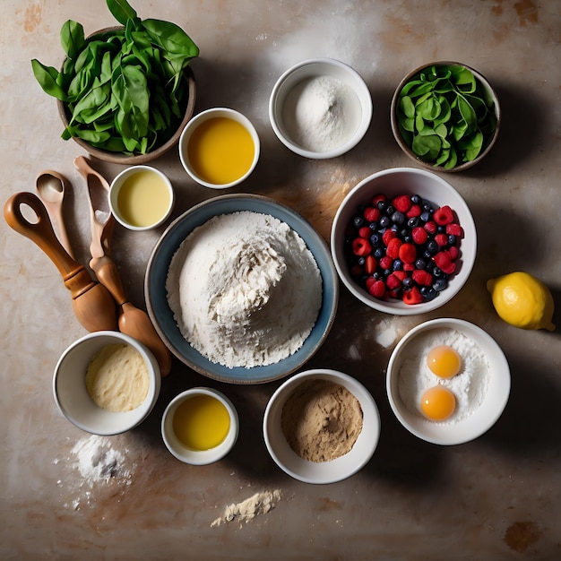 Photo a bowl of flour strawberries and other ingredients are on a table