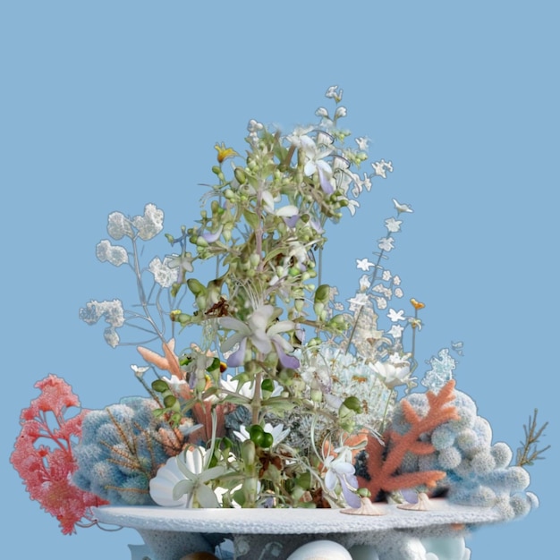 a bowl of flowers and a fish is shown with a blue background