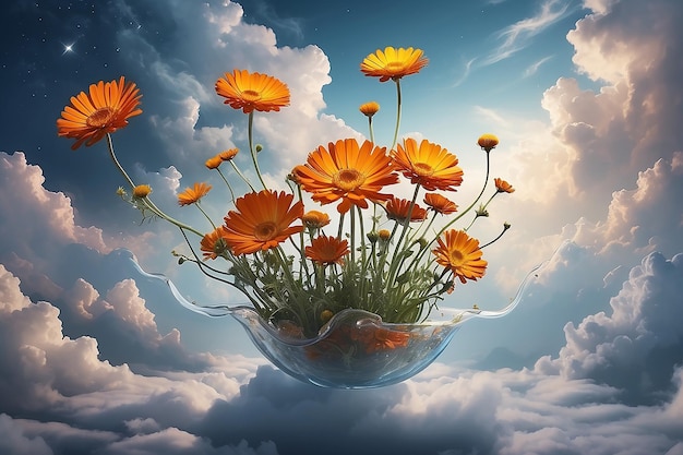 a bowl of flowers is surrounded by a sky with clouds