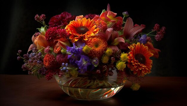 A bowl of flowers is on a table with a black background.