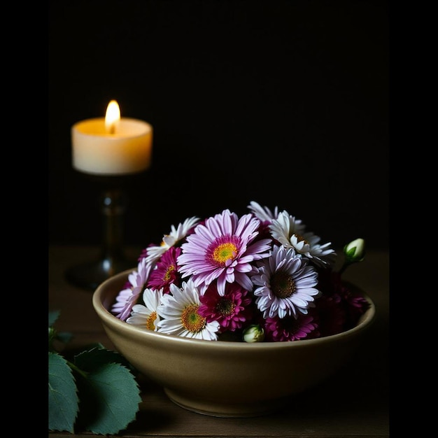 Photo a bowl of flowers with a candle in the background