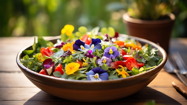 a bowl of flowers with a plant in the background