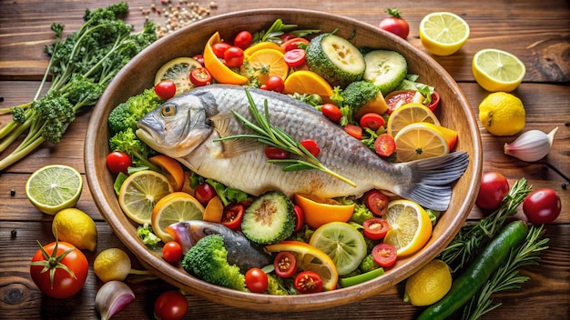 Photo a bowl of food including fish tomatoes and other vegetables