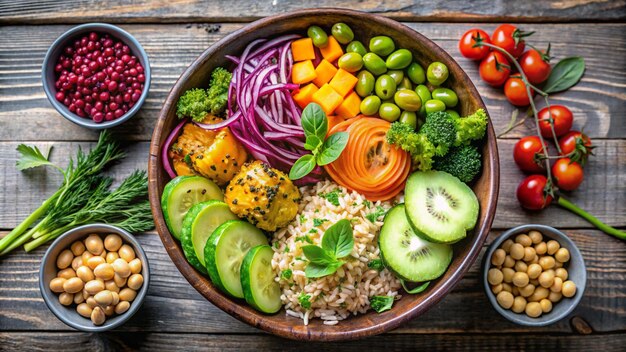 Photo a bowl of food including rice vegetables and a salad