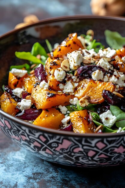 Photo a bowl of food that has a black and white design on the side