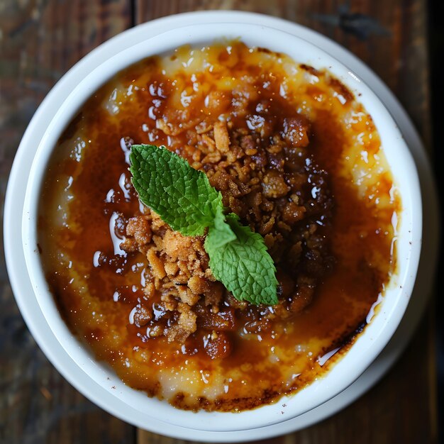 a bowl of food that has a green leaf on it