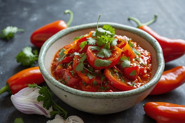 a bowl of food that has peppers and peppers on it