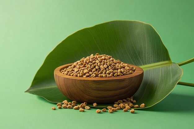 a bowl of food with a banana leaf in the center