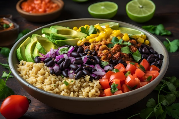 A bowl of food with a black bean and black bean salad.