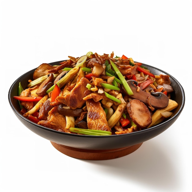 A bowl of food with a black bowl with a red rim and green onions on it.