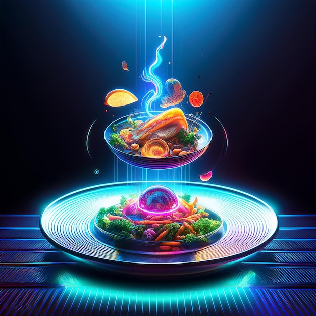 a bowl of food with a blue light on the bottom